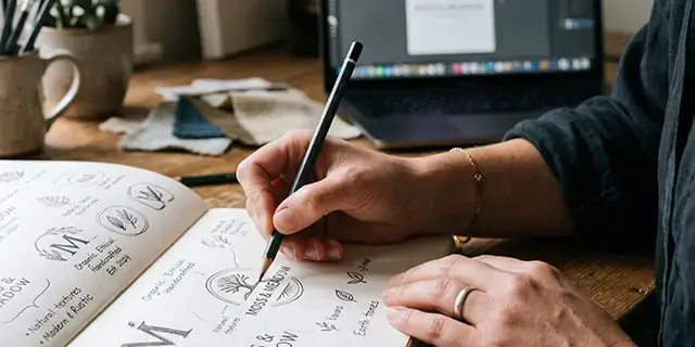 Close up of someone drafting - hand and notepad