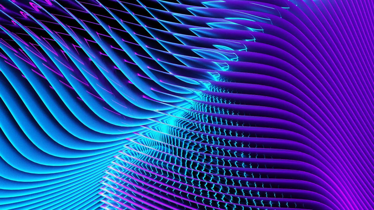 Abstract neon artwork with flowing layered curves in electric blue, cyan, and purple, creating a dynamic wave pattern on a dark background