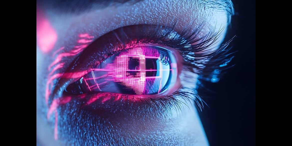 Close-up of a human eye with a glowing digital interface reflected in the iris, representing AI-powered content delivery and contextual navigation with Tridion Docs Genius.