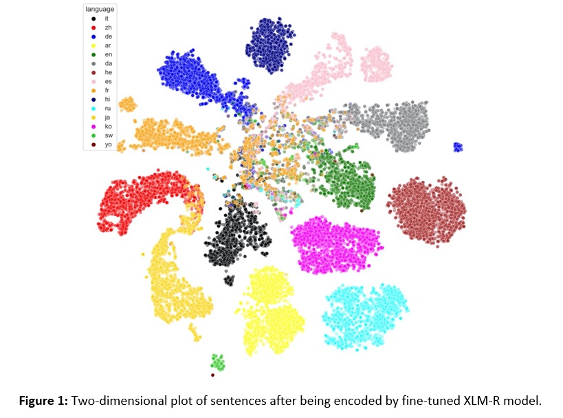 Figure 1: Two-dimensional plot of sentences after being encoded by fine-tuned XLM-R model.