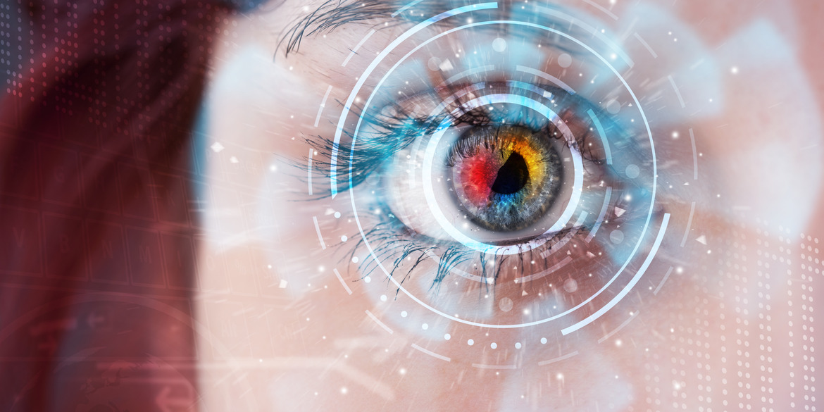 A close up of the human eye with digital effects laid over the eye