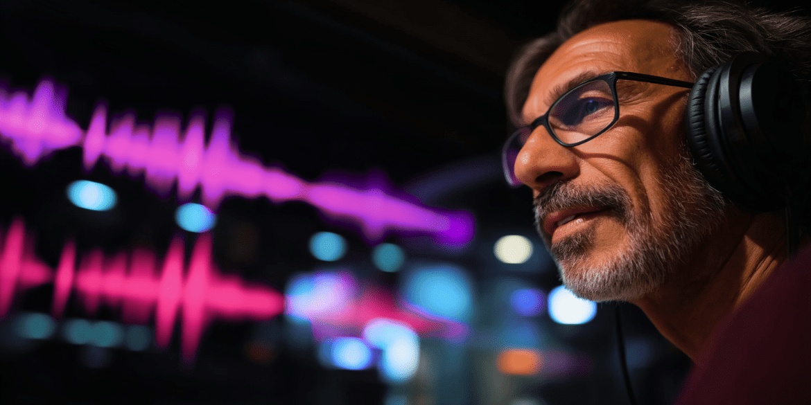 Man in studio with headphones - wearing glasses.