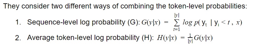 Two different ways of combining the token-level probabilities